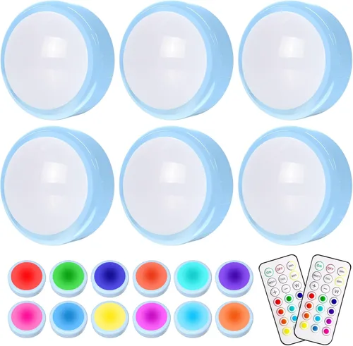Miniatura 17 de HELPLEX Luces LED de disco con control remoto, paquete de 6 luces adhesivas RGBW que cambian de color, alimentadas con pilas, iluminación regulable