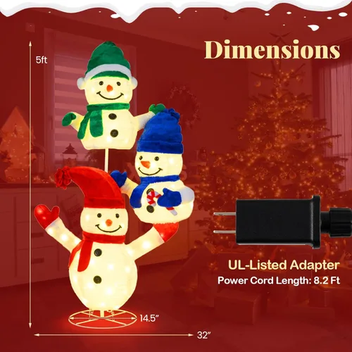 Miniatura 4 de Tangkula Muñeco de nieve de 5 pies iluminado para Navidad, decoración de 3 muñecos de nieve apilados, muñeco de nieve 3D iluminado con estacas