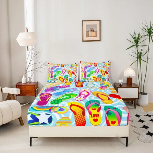 Miniatura 5 de Coloridas chanclas bajeras tamaño individual, juego de ropa de cama de vacaciones de playa oceánica de 2 piezas para decoración de habitación
