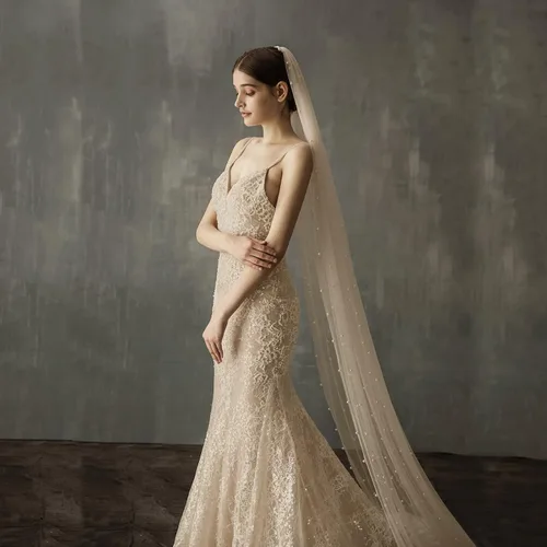 Miniatura 5 de AMBRE ADELE Cathedral Bridal Long Tulle Veil With Pearl, Wedding Veil for Brides