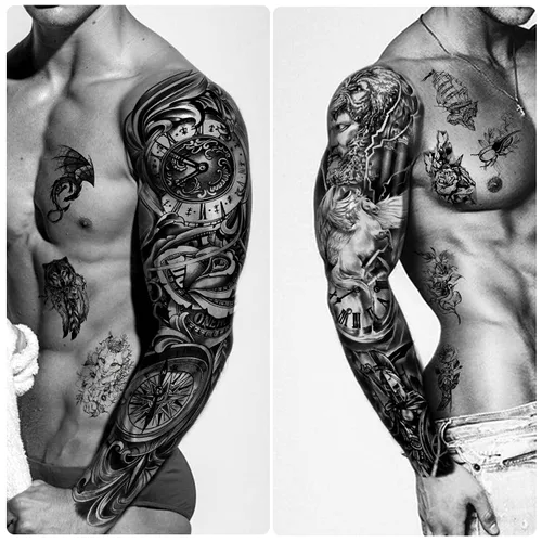 Miniatura 5 de Tatuaje Temporal de Brazo Completo Impermeable para Hombres (L22.8" x A7"), 46 Hojas de Tatuajes Falsos para Mujeres León Tigre Reloj Flor Esqueleto