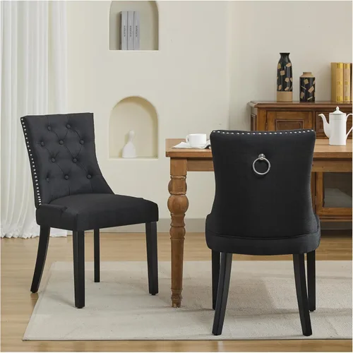Miniatura 19 de Juego de 4 sillas de comedor tapizadas copetudas, sillas laterales de tela para comedor con cabeza de clavo en la parte trasera y patas de madera