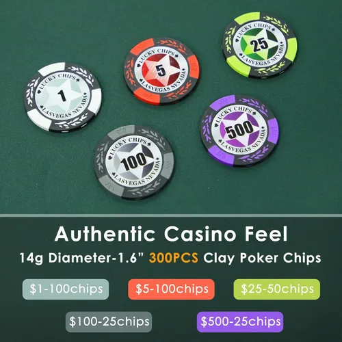 Miniatura 2 de ORIENGEAR Juego de fichas de póquer con denominaciones, 300 unidades de 14 gramos de fichas de casino de arcilla compuesta con estuche ABS y 2 mazos