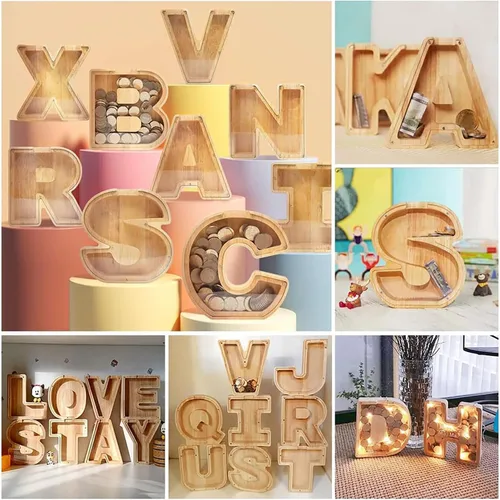 Miniatura 7 de Alcancía de Madera Personalizada con Letras del Alfabeto, Banco de Monedas con Letras del Alfabeto para Niños, Niñas y Bebés, Tamaño Grande, 26