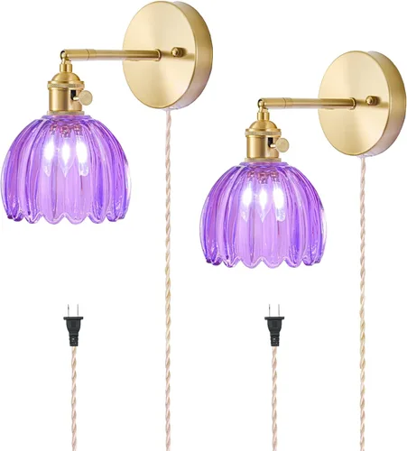 Miniatura 28 de Juego de 2 apliques de pared enchufables, apliques de pared vintage con pantalla de cristal transparente de tulipán, aplique de pared