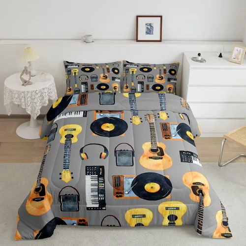 Miniatura 12 de Juego de ropa de cama de guitarra, tamaño individual para niños y niñas, juego de edredón con teclados de piano, temática musical, inserto