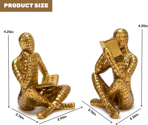 Miniatura 3 de Estatua de Pensador de Lectura Dorado Antiguo, Juego de 2 Decoración de Estantería Arte Abstracto Esculturas de Pensador, Figurilla Estética Moderna