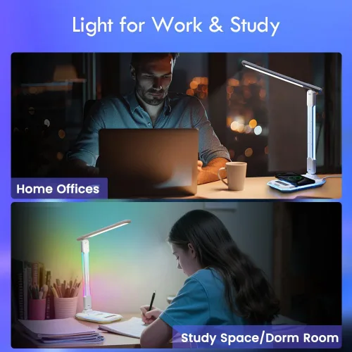 Miniatura 4 de WILIT Lámpara de escritorio para dormitorio universitario, luz de escritorio RGB para juegos con carga inalámbrica y puerto USB, lámpara de jugador