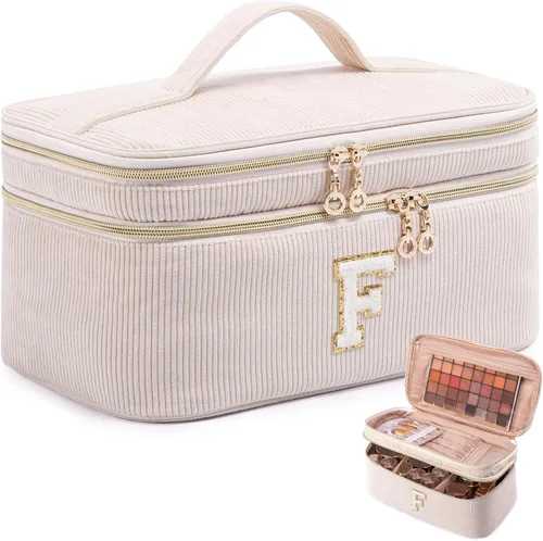 Miniatura 8 de AMOIGEE Organizador de Bolsa de Maquillaje con Inicial, Neceser Personalizado de Doble Capa, Bolsa de Aseo de Viaje para Brochas de Maquillaje