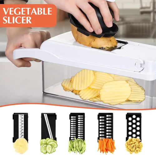 Miniatura 3 de KEOUKE Cortador de verduras de mandolina pro - Cortador de alimentos con 16 cuchillas intercambiables con recipiente, protector manual y escurridor