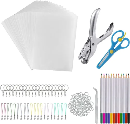 Juego de 175 hojas de plástico retráctil, kit de llavero de papel retráctil con 20 hojas retráctiles de 7.9 x 5.7 pulgadas, perforador, lápices de