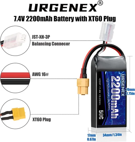 Miniatura 3 de 2S Lipo Batería 2200mAh 7.4V RC Batería con XT60 Plug 50C (Burst 80C) Alta tasa de descarga con cargador apto para coche RC Truggy Avión FPV Drone