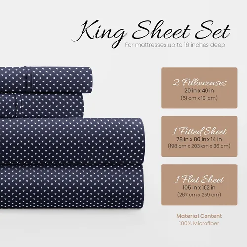 Miniatura 2 de Juego de sábanas de 4 piezas para cama King de Linen Market (corazones azul marino) - Duerma mejor que nunca con estas sábanas ultrasuaves y My