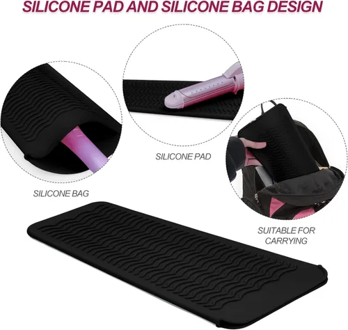 Miniatura 2 de Bolsa de silicona resistente al calor para alisadora de cabello, rizador, plancha plana y herramientas de cabello caliente, 2 unidades, color negro