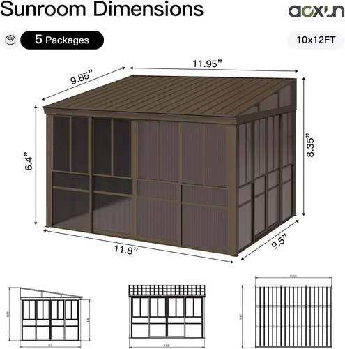 Miniatura 8 de Aoxun Solárium montado en la pared de 10 x 12 pies, solárium de aluminio cerrado inclinado a cenador con techo inclinado de acero galvanizado