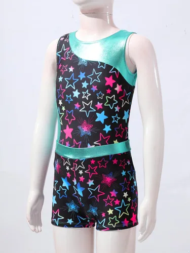 Miniatura 3 de Yartina Leotardo de gimnasia estampado para niñas, traje de baño de 2 piezas con pantalones cortos