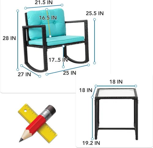 Miniatura 3 de Juego de 3 piezas de bistró mecedora para exteriores, muebles de ratán para patio, sillas mecedoras de mimbre con cojines azules y mesa de centro