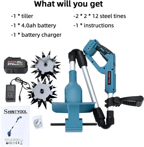 Miniatura 2 de Cultivador de suelo sin cable de 21 V, cultivador de jardín de 8 pulgadas de ancho con batería de 4.0 Ah, cultivador con dientes de acero y pantalla