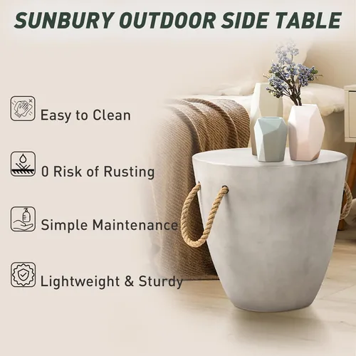 Miniatura 7 de SUNBURY Mesa auxiliar para exteriores, mesa auxiliar de hormigón, mesa auxiliar pequeña de 17 pulgadas de alto, mesa auxiliar para patio con cuerda