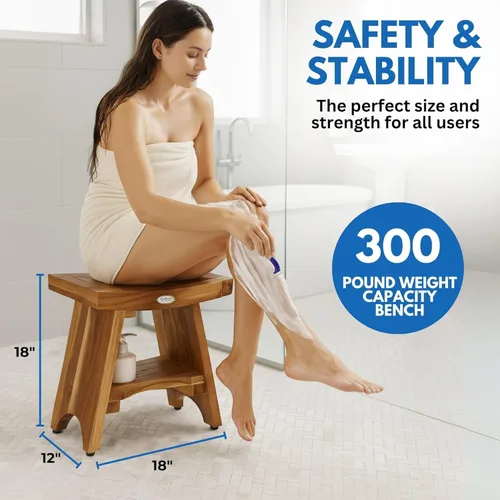 Miniatura 3 de EcoDecors Banco de Ducha de Teca de 18", Capacidad de 300 Libras – Asiento de Baño de Madera Impermeable con Estante, Asiento de Spa para Adultos
