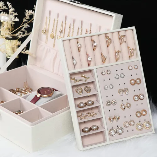 Miniatura 27 de Joyero para mujeres y niñas, contenedor organizador de joyas de 2 capas con cerradura, estuche de almacenamiento de piel sintética con bandeja