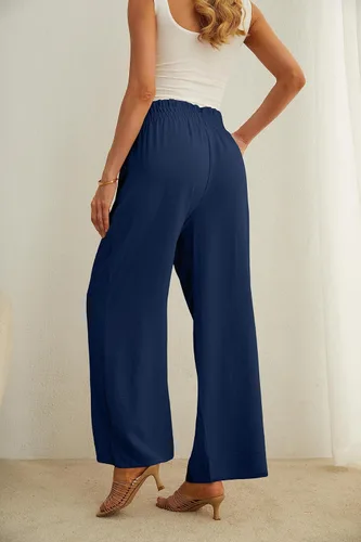 Miniatura 7 de IWOLLENCE - Pantalones de pierna ancha para mujer con bolsillos, cintura alta, nudo ajustable, holgados, casuales, para trabajo y negocios