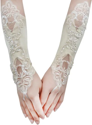 JISEN Guantes de satén sin dedos de los años 20 para mujer, para banquete, fiesta, elegante, con encaje, bordados, para novia, 11 pulgadas