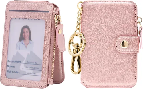 Miniatura 61 de Cartera con llavero, tarjetero con bloqueo RFID de piel, funda para tarjetas de crédito con cremallera para mujer