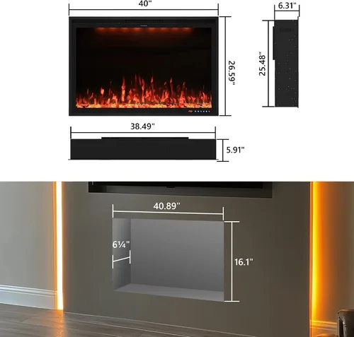 Miniatura 3 de Valuxhome Inserto de chimenea eléctrica empotrada de 40 pulgadas y montado en la pared con aplicación, toque de pantalla y control remoto, 13