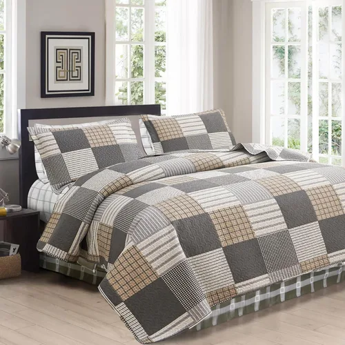 Miniatura 2 de Juego de ropa de cama a cuadros marrón y negro, 3 piezas, tamaño queen, colcha con estampado de parches a cuadros, cubrecama reversible, decoración