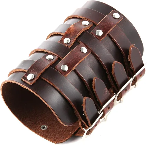 Miniatura 3 de HZMAN Brazalete ancho de cuero con triple correa para hombre, con hebilla y cierre de brazo, 4 filas, Cuero