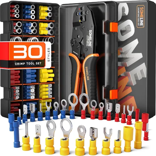 Miniatura 10 de SOMELINE Kit de herramientas de prensado de conectores eléctricos, crimpadora de terminales de trinquete 22-10 AWG, con conectores aislados a tope