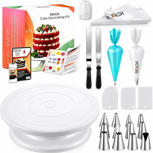 RFAQK Kit de 72 suministros de decoración de pasteles para principiantes, tocadiscos para pasteles con 50 bolsas de tubería, acoplador de bolsas, 12