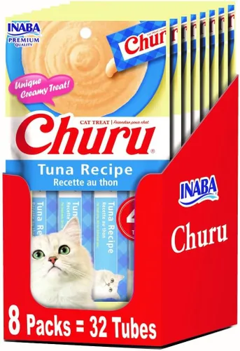 INABA Churu - Golosinas lamibles para gatos, puré natural de atún, receta (4 porciones por paquete, 8 paquetes) (32 tubos)