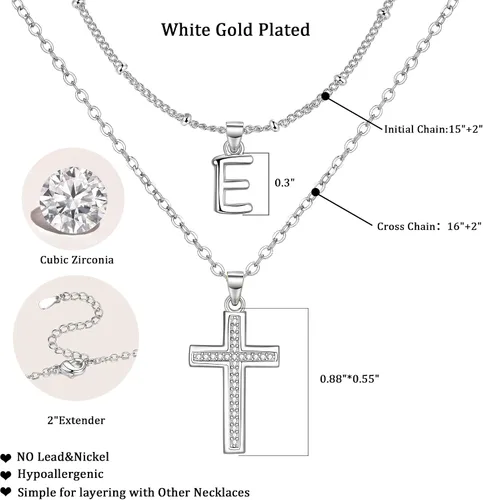 Miniatura 6 de ZENI Delicados collares de cruz para mujer, chapado en oro de 14 quilates, cadena en capas con dije de inicial, circonita cúbica, cruz de fe
