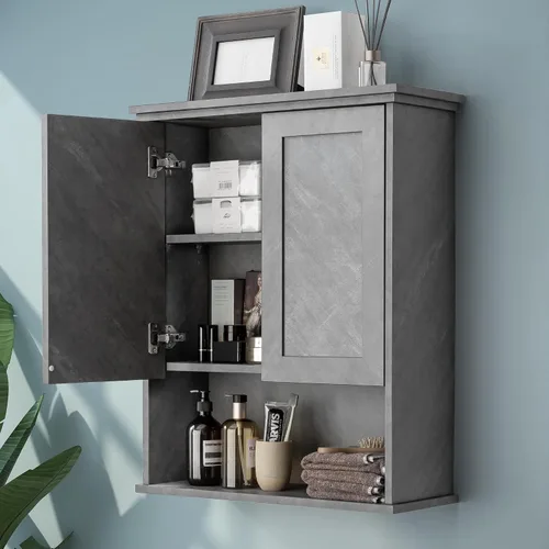 Miniatura 10 de VANIRROR Armario de pared de baño negro de 23 x 29 pulgadas, botiquín de madera con 2 puertas y estante ajustable, armario montado en la pared sobre