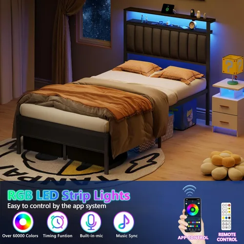 Miniatura 7 de Furnulem Marco de cama tamaño matrimonial con estación de carga y luces LED, cabecero tapizado en gris con estantes, cama de plataforma de metal