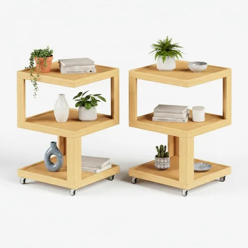 Miniatura 17 de ZIYOO Mesa auxiliar móvil de madera maciza de 3 niveles con ruedas, mesita de noche de madera, organizador de almacenamiento de diseño flotante