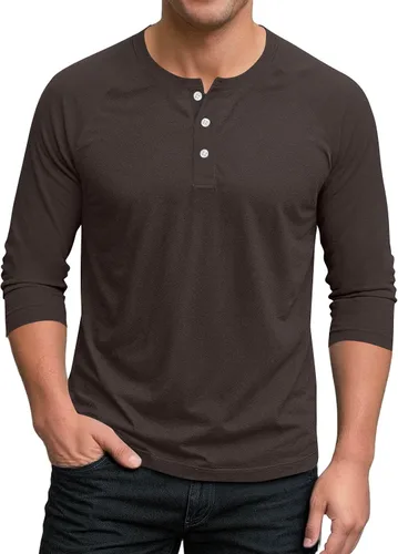 Miniatura 19 de Ctreela Camiseta Henley de manga 3/4 para hombre, estilo casual, ajustada, color sólido, manga larga, camiseta de béisbol Caqui