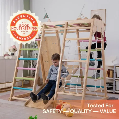 Miniatura 2 de Avenlur Magnolia Zona de juegos para interiores 7 en 1, gimnasio de la selva para niños de 2 a 6 años - tobogán, pared de escalada, escalador