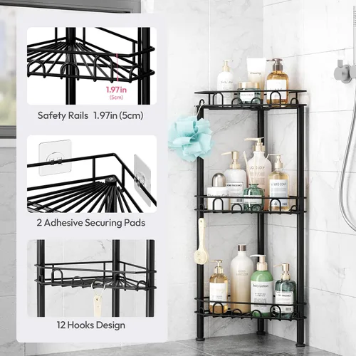 Miniatura 4 de SWTYMIKI Estante organizador de ducha de pie de acero inoxidable de 3 niveles con 12 ganchos y almohadillas adhesivas, estantes esquineros