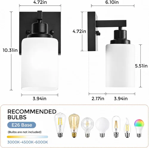 Miniatura 3 de Juego de 2 apliques de pared para baño, lámpara de tocador de baño negra, apliques de pared modernos para interiores con vidrio esmerilado cuadrado