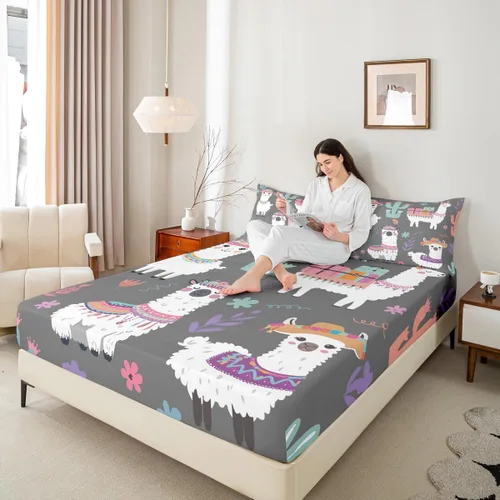 Miniatura 5 de Juego de sábanas para niños, bonito juego de ropa de cama con estampado de llama de dibujos animados y alpaca, sábana bajera ajustable para niños