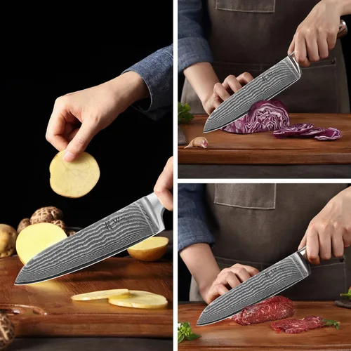 Miniatura 8 de Wakoli EDIB Juego de cuchillos de cocina de Damasco de 3 piezas en caja de regalo de madera, juego de cuchillos afilados hechos de acero de Damasco