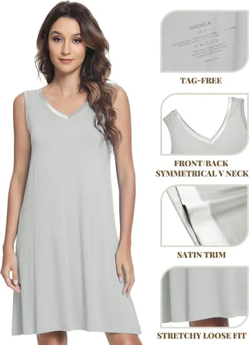 Miniatura 4 de NACHILA Camisones para mujer, viscosa hecha de bambú, sin mangas, camisón suave, camisón de satén con cuello en V