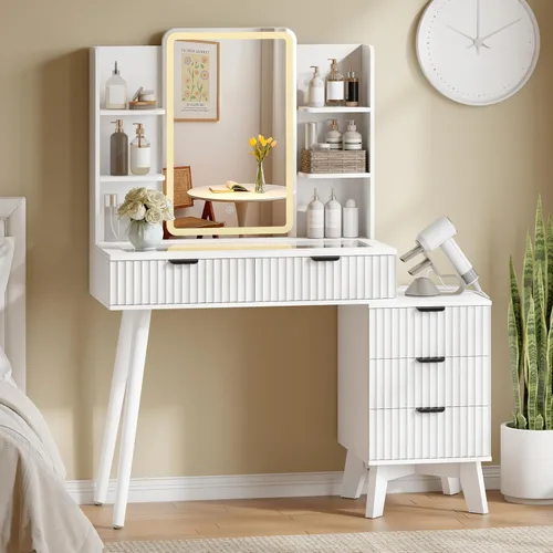 Miniatura 13 de Escritorio de maquillaje acanalado con espejo y luces, tocador blanco moderno de 42 pulgadas para espacios pequeños, tocador blanco con 5 cajones