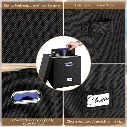 Miniatura 3 de Juego de 2 cajas de almacenamiento de discos de vinilo, para más de 100 LPs individuales (12 pulgadas), caja apilable de lino con tapa, soporte