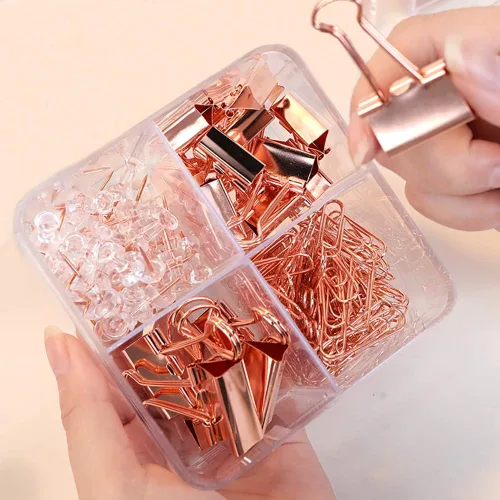 Miniatura 3 de Clips para carpetas de papel con caja para suministros de oficina, escuela y hogar (oro rosa)