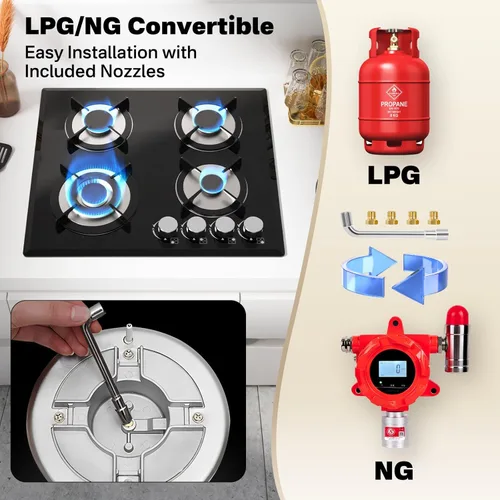 Miniatura 6 de Alemania Placa de cocina de gas de 4 quemadores de 24 pulgadas, estufa de propano integrada con conversión de NG/LPG, placa de vidrio negro