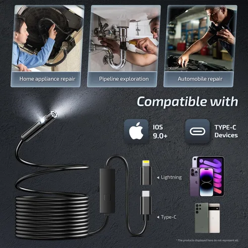 Miniatura 3 de Cámara endoscopio con luz, cámara boroscopio 1920P con 8+1 luces LED ajustables, cable semirrígido de 16.5 pies, IP67 impermeable para iPhone, iPad